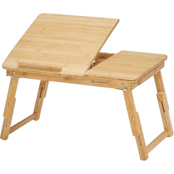 Laptop Desk, Folding Lap Tray, Bamboo Bed Desk with Tilting Top, Small Drawer, for Home Office, Bedroom, Natural ULLD01N