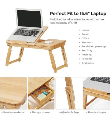 Laptop Desk, Folding Lap Tray, Bamboo Bed Desk with Tilting Top, Small Drawer, for Home Office, Bedroom, Natural ULLD01N