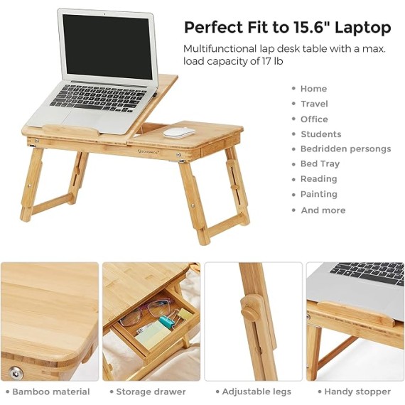 Laptop Desk, Folding Lap Tray, Bamboo Bed Desk with Tilting Top, Small Drawer, for Home Office, Bedroom, Natural ULLD01N