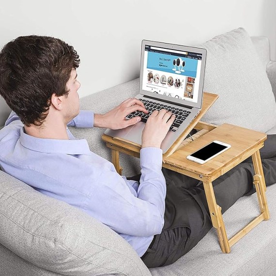 Laptop Desk, Folding Lap Tray, Bamboo Bed Desk with Tilting Top, Small Drawer, for Home Office, Bedroom, Natural ULLD01N