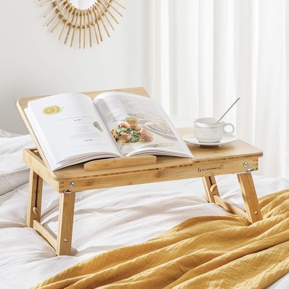 Laptop Desk, Folding Lap Tray, Bamboo Bed Desk with Tilting Top, Small Drawer, for Home Office, Bedroom, Natural ULLD01N