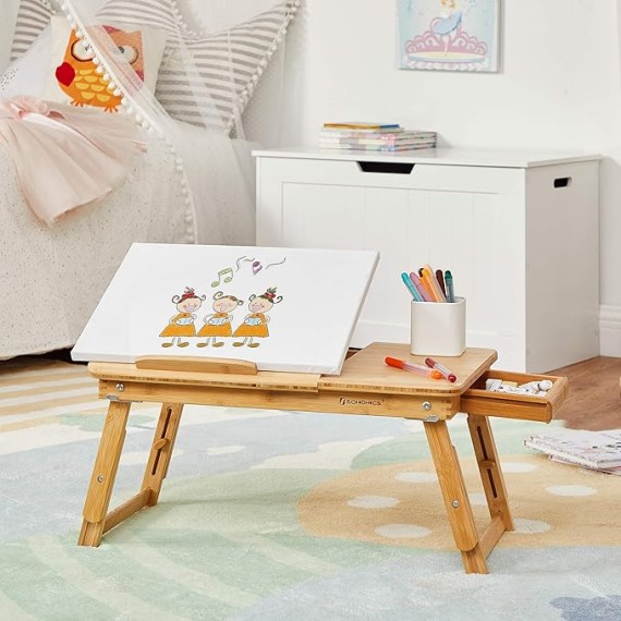 Laptop Desk, Folding Lap Tray, Bamboo Bed Desk with Tilting Top, Small Drawer, for Home Office, Bedroom, Natural ULLD01N