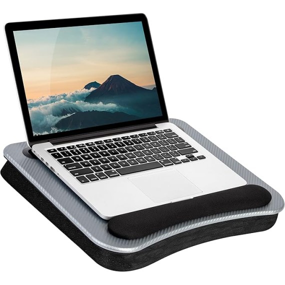 LAPGEAR Memory Foam Lap Desk with Wrist Rest and Media Slot - Medium - Silver Carbon - Fits up to 15.6 Inch Laptops and Most Tablet Devices - Style No. 91335