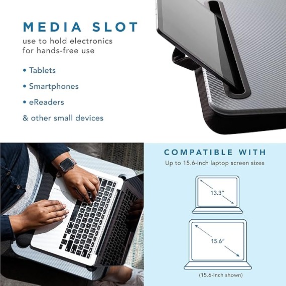 LAPGEAR Memory Foam Lap Desk with Wrist Rest and Media Slot - Medium - Silver Carbon - Fits up to 15.6 Inch Laptops and Most Tablet Devices - Style No. 91335