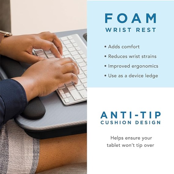 LAPGEAR Memory Foam Lap Desk with Wrist Rest and Media Slot - Medium - Silver Carbon - Fits up to 15.6 Inch Laptops and Most Tablet Devices - Style No. 91335