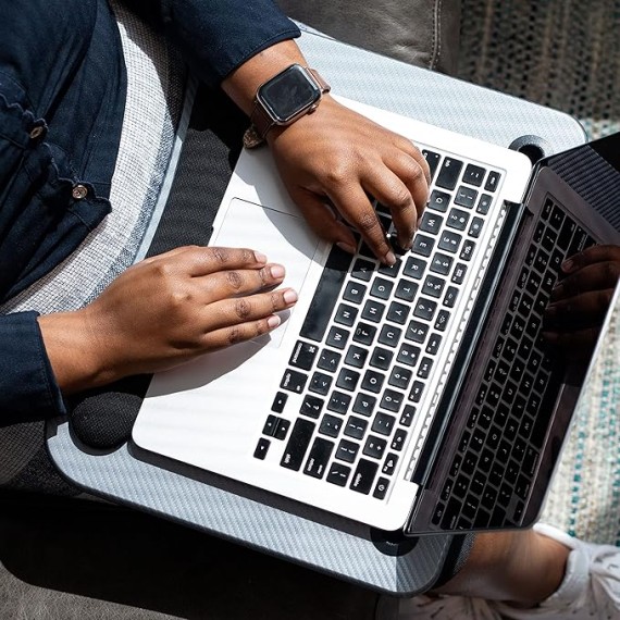 LAPGEAR Memory Foam Lap Desk with Wrist Rest and Media Slot - Medium - Silver Carbon - Fits up to 15.6 Inch Laptops and Most Tablet Devices - Style No. 91335