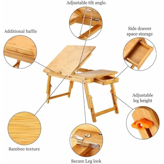 Laptop Desk  Bamboo Bed Tray Adjustable Foldable Desk Bed Serving w' Tilting Drawer