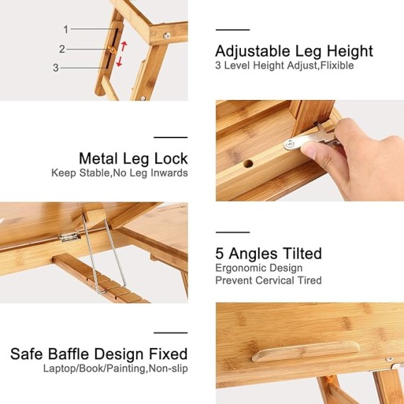 Laptop Desk  Bamboo Bed Tray Adjustable Foldable Desk Bed Serving w' Tilting Drawer