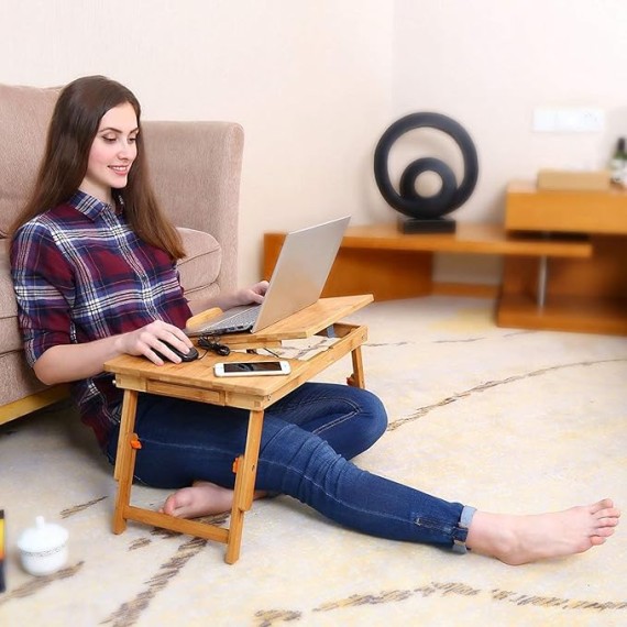 Laptop Desk  Bamboo Bed Tray Adjustable Foldable Desk Bed Serving w' Tilting Drawer
