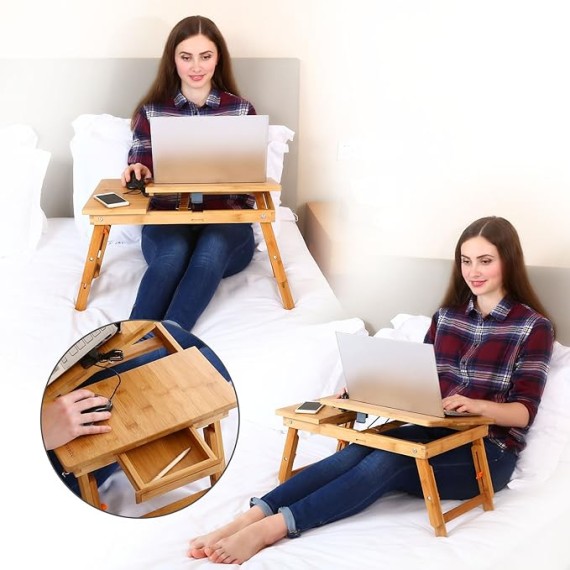 Laptop Desk  Bamboo Bed Tray Adjustable Foldable Desk Bed Serving w' Tilting Drawer