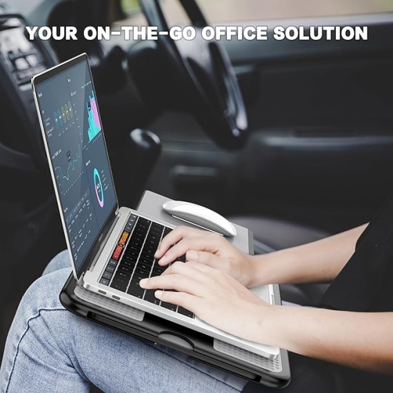 Portable Laptop Lap Desk w/ Retractable Left/Right Mouse Pad Tray, Non-Slip Heat Shield Tablet Notebook Computer Stand Table w/ Sturdy Stable Work Surface for Bed Sofa Couch or Travel