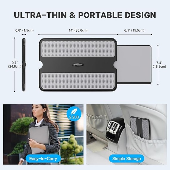 Portable Laptop Lap Desk w/ Retractable Left/Right Mouse Pad Tray, Non-Slip Heat Shield Tablet Notebook Computer Stand Table w/ Sturdy Stable Work Surface for Bed Sofa Couch or Travel