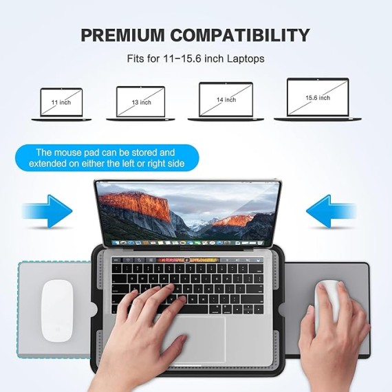 Portable Laptop Lap Desk w/ Retractable Left/Right Mouse Pad Tray, Non-Slip Heat Shield Tablet Notebook Computer Stand Table w/ Sturdy Stable Work Surface for Bed Sofa Couch or Travel
