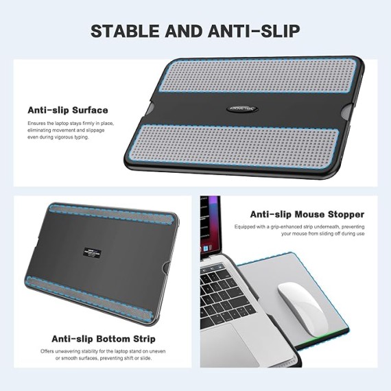 Portable Laptop Lap Desk w/ Retractable Left/Right Mouse Pad Tray, Non-Slip Heat Shield Tablet Notebook Computer Stand Table w/ Sturdy Stable Work Surface for Bed Sofa Couch or Travel