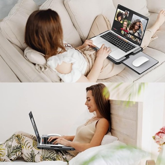 Portable Laptop Lap Desk w/ Retractable Left/Right Mouse Pad Tray, Non-Slip Heat Shield Tablet Notebook Computer Stand Table w/ Sturdy Stable Work Surface for Bed Sofa Couch or Travel