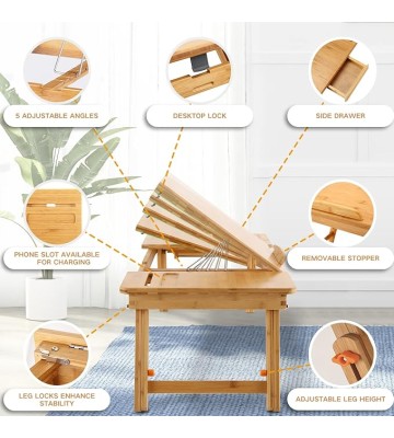 Laptop Desk  Bamboo Laptop Table Adjustable Lap Tray Bed Serving Tray Breakfast Table Foldable Coffee Tea Table 5 Tilting Top Angles 4 Latches Large Size 27.95" x 13.8"
