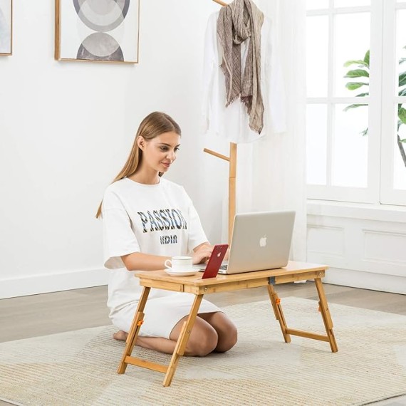 Laptop Desk  Bamboo Laptop Table Adjustable Lap Tray Bed Serving Tray Breakfast Table Foldable Coffee Tea Table 5 Tilting Top Angles 4 Latches Large Size 27.95" x 13.8"