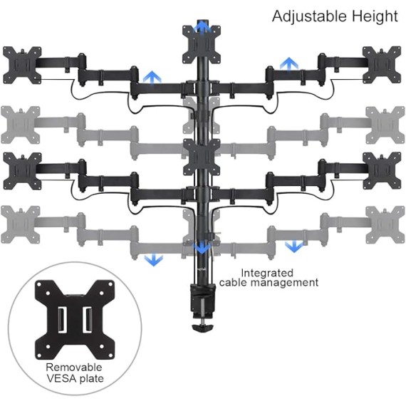 Suptek Hex LED LCD Monitor Stand up Desk Mount Extra Tall 31.5 inch Pole Heavy Duty Fully Adjustable Stand for 6 / Six Screens up to 27 inch (MD68126)