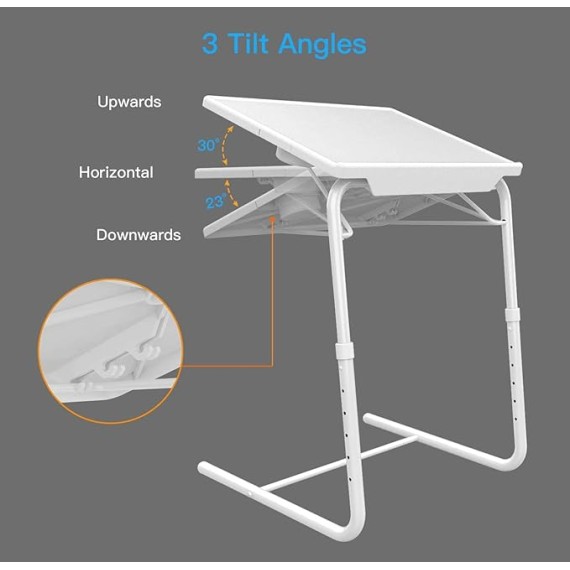 Adjustable TV Tray Table - TV Dinner Tray on Bed & Sofa, Comfortable Folding Table with 6 Height & 3 Tilt Angle Adjustments (White)