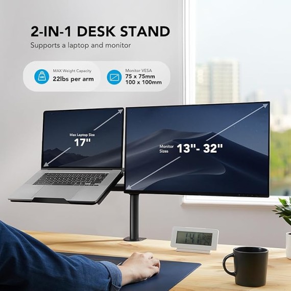Laptop Monitor Mount, Single Monitor Desk Mount Holds 13-32 inch Computer Screen, Laptop Notebook Desk Mount Stand Fits Up to 17 inch, Fully Adjustable Weight Up to 22 lbs