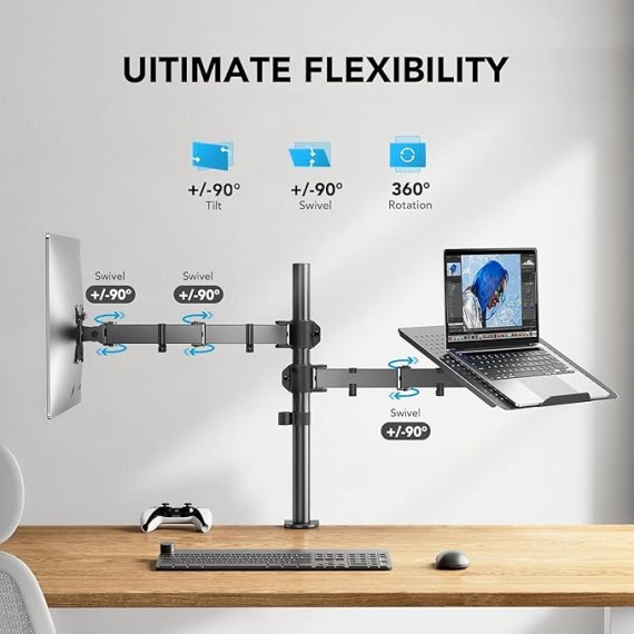 Laptop Monitor Mount, Single Monitor Desk Mount Holds 13-32 inch Computer Screen, Laptop Notebook Desk Mount Stand Fits Up to 17 inch, Fully Adjustable Weight Up to 22 lbs