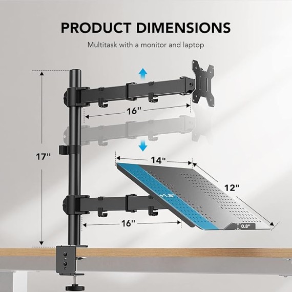 Laptop Monitor Mount, Single Monitor Desk Mount Holds 13-32 inch Computer Screen, Laptop Notebook Desk Mount Stand Fits Up to 17 inch, Fully Adjustable Weight Up to 22 lbs