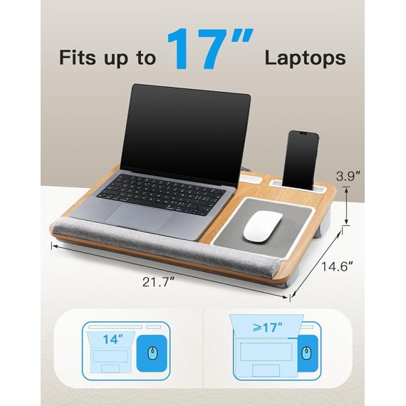 Lap Desk - Fits up to 17 inches Laptop Desk, Built in Mouse Pad & Wrist Pad for Notebook, Laptop, Tablet, Laptop Stand with Tablet, Pen & Phone Holder (Wood Grain)