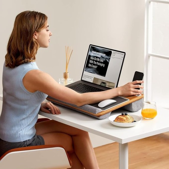 Lap Desk - Fits up to 17 inches Laptop Desk, Built in Mouse Pad & Wrist Pad for Notebook, Laptop, Tablet, Laptop Stand with Tablet, Pen & Phone Holder (Wood Grain)