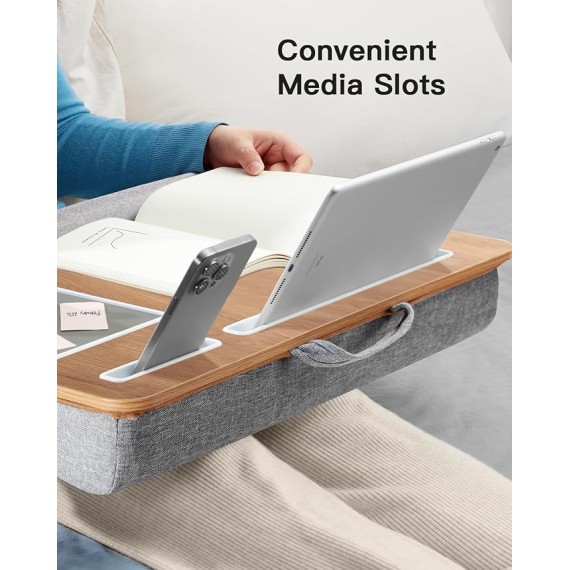Lap Desk - Fits up to 17 inches Laptop Desk, Built in Mouse Pad & Wrist Pad for Notebook, Laptop, Tablet, Laptop Stand with Tablet, Pen & Phone Holder (Wood Grain)