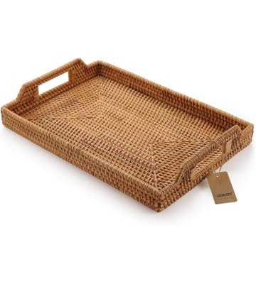 Hand-Woven Rattan Rectangular Serving Tray with Handles for Breakfast, Drinks, Snack for Coffee Table (17x11.4x1.8inches)