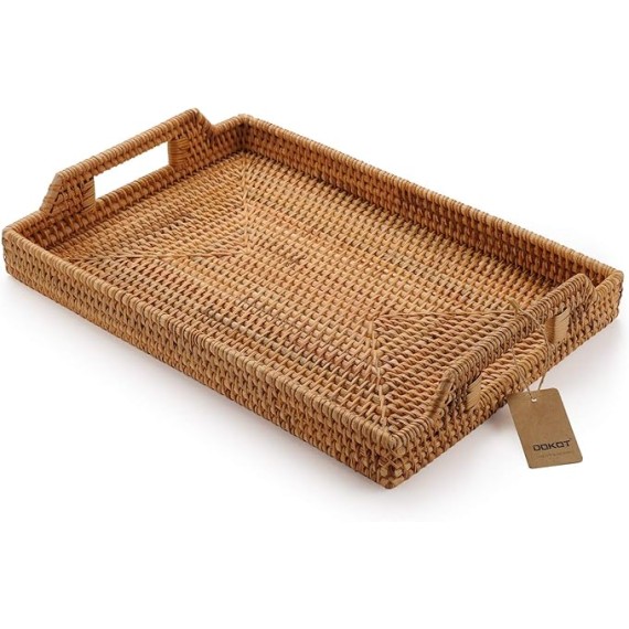 Hand-Woven Rattan Rectangular Serving Tray with Handles for Breakfast, Drinks, Snack for Coffee Table (17x11.4x1.8inches)