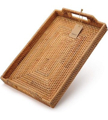 Hand-Woven Rattan Rectangular Serving Tray with Handles for Breakfast, Drinks, Snack for Coffee Table (17x11.4x1.8inches)