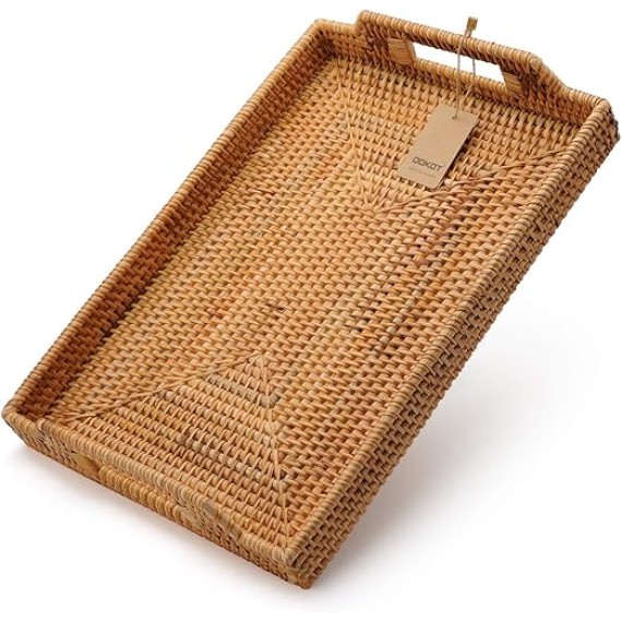 Hand-Woven Rattan Rectangular Serving Tray with Handles for Breakfast, Drinks, Snack for Coffee Table (17x11.4x1.8inches)