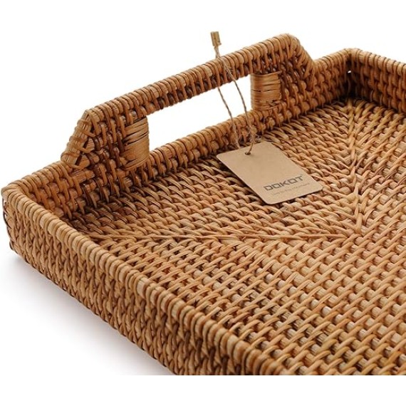 Hand-Woven Rattan Rectangular Serving Tray with Handles for Breakfast, Drinks, Snack for Coffee Table (17x11.4x1.8inches)