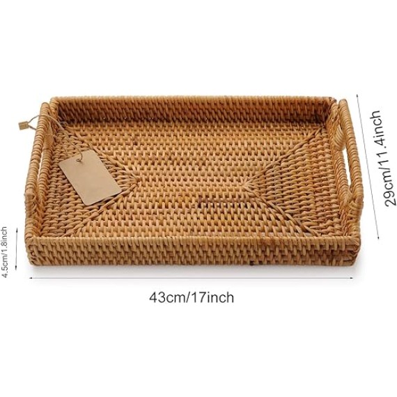 Hand-Woven Rattan Rectangular Serving Tray with Handles for Breakfast, Drinks, Snack for Coffee Table (17x11.4x1.8inches)