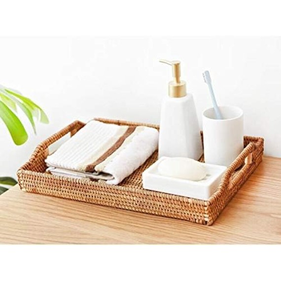 Hand-Woven Rattan Rectangular Serving Tray with Handles for Breakfast, Drinks, Snack for Coffee Table (17x11.4x1.8inches)