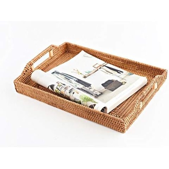 Hand-Woven Rattan Rectangular Serving Tray with Handles for Breakfast, Drinks, Snack for Coffee Table (17x11.4x1.8inches)