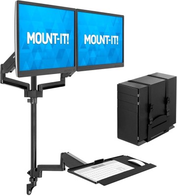 Wall Mount Workstation with Dual Monitor Mount, Keyboard Tray and CPU Holder, Height Adjustable Full Motion Arms, Fits Two 32 Inch Computer Screens