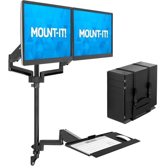 Wall Mount Workstation with Dual Monitor Mount, Keyboard Tray and CPU Holder, Height Adjustable Full Motion Arms, Fits Two 32 Inch Computer Screens