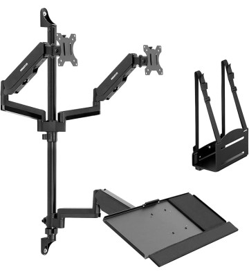 Wall Mount Workstation with Dual Monitor Mount, Keyboard Tray and CPU Holder, Height Adjustable Full Motion Arms, Fits Two 32 Inch Computer Screens