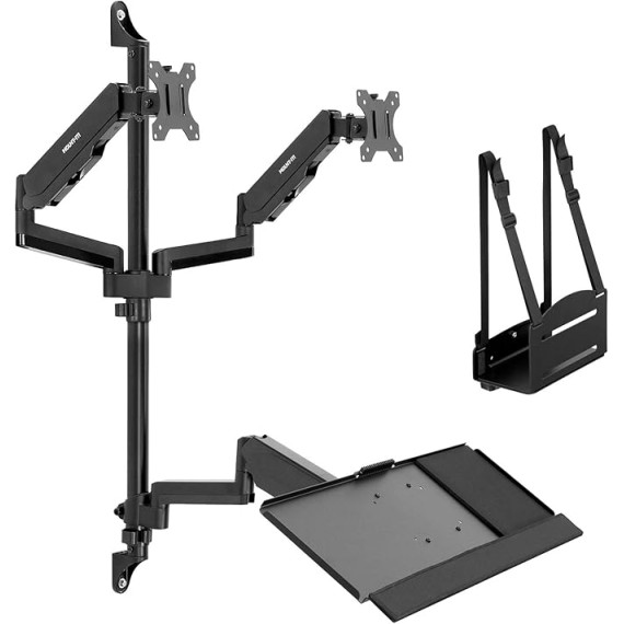 Wall Mount Workstation with Dual Monitor Mount, Keyboard Tray and CPU Holder, Height Adjustable Full Motion Arms, Fits Two 32 Inch Computer Screens