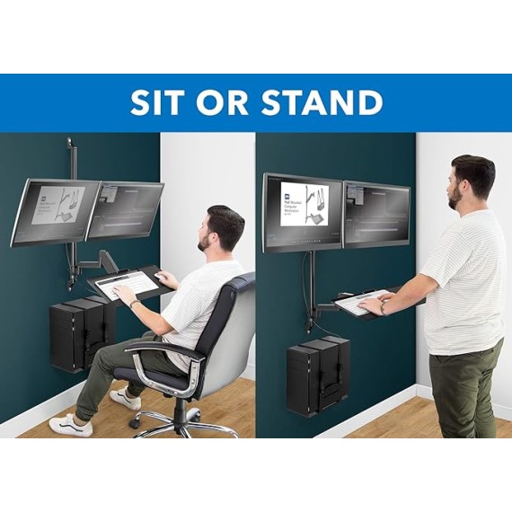 Wall Mount Workstation with Dual Monitor Mount, Keyboard Tray and CPU Holder, Height Adjustable Full Motion Arms, Fits Two 32 Inch Computer Screens