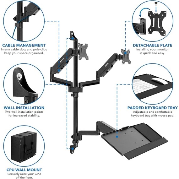 Wall Mount Workstation with Dual Monitor Mount, Keyboard Tray and CPU Holder, Height Adjustable Full Motion Arms, Fits Two 32 Inch Computer Screens