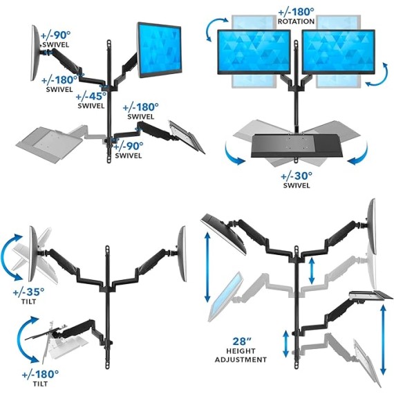 Wall Mount Workstation with Dual Monitor Mount, Keyboard Tray and CPU Holder, Height Adjustable Full Motion Arms, Fits Two 32 Inch Computer Screens