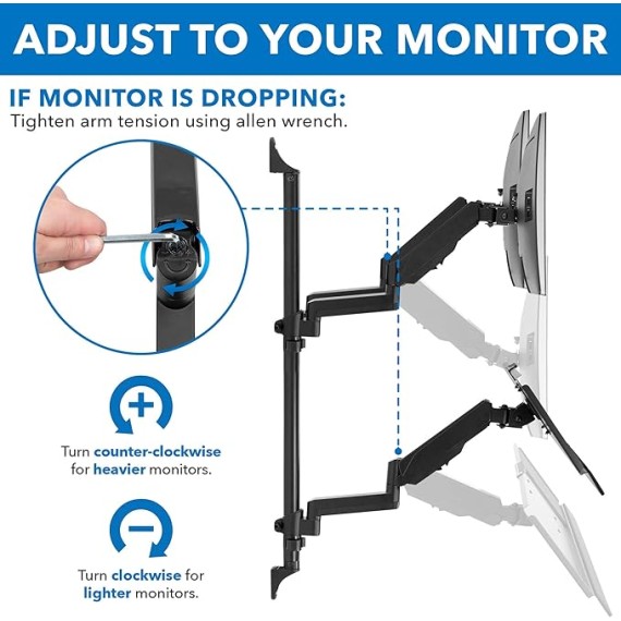 Wall Mount Workstation with Dual Monitor Mount, Keyboard Tray and CPU Holder, Height Adjustable Full Motion Arms, Fits Two 32 Inch Computer Screens