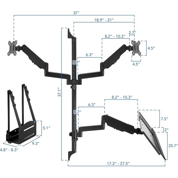 Wall Mount Workstation with Dual Monitor Mount, Keyboard Tray and CPU Holder, Height Adjustable Full Motion Arms, Fits Two 32 Inch Computer Screens