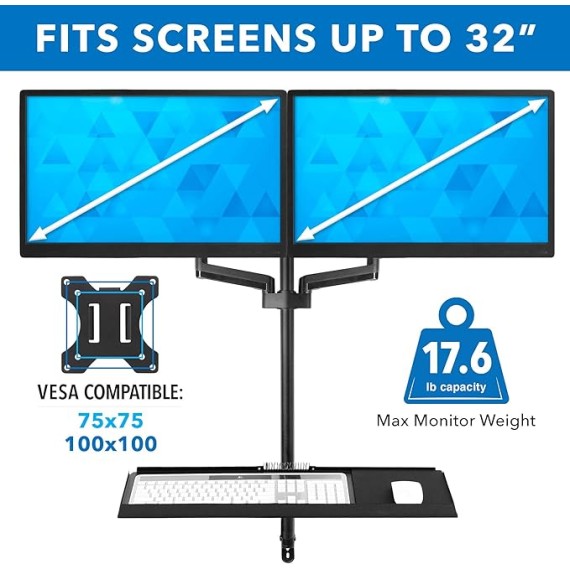 Wall Mount Workstation with Dual Monitor Mount, Keyboard Tray and CPU Holder, Height Adjustable Full Motion Arms, Fits Two 32 Inch Computer Screens
