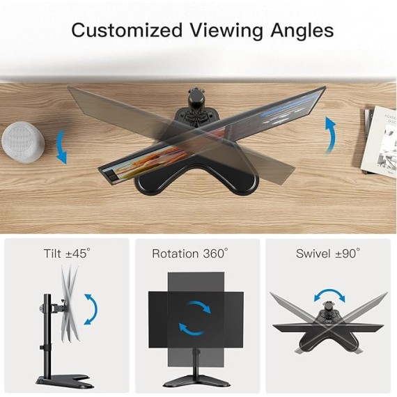 Single Monitor Stand, Free Standing Monitor Desk Stand for 13 to 32" Computer, Height Adjustable Monitor Mount Full Motion Swivel VESA 75x75mm/100x100mm Heavy Duty Steel Base up to 17.6 lbs