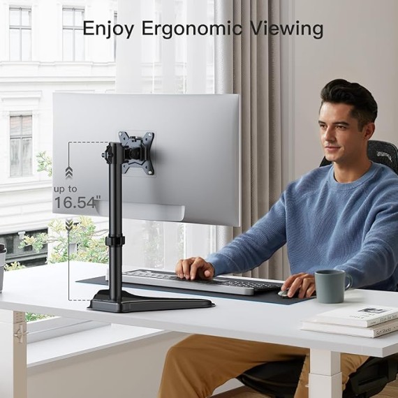 Single Monitor Stand, Free Standing Monitor Desk Stand for 13 to 32" Computer, Height Adjustable Monitor Mount Full Motion Swivel VESA 75x75mm/100x100mm Heavy Duty Steel Base up to 17.6 lbs