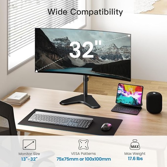 Single Monitor Stand, Free Standing Monitor Desk Stand for 13 to 32" Computer, Height Adjustable Monitor Mount Full Motion Swivel VESA 75x75mm/100x100mm Heavy Duty Steel Base up to 17.6 lbs
